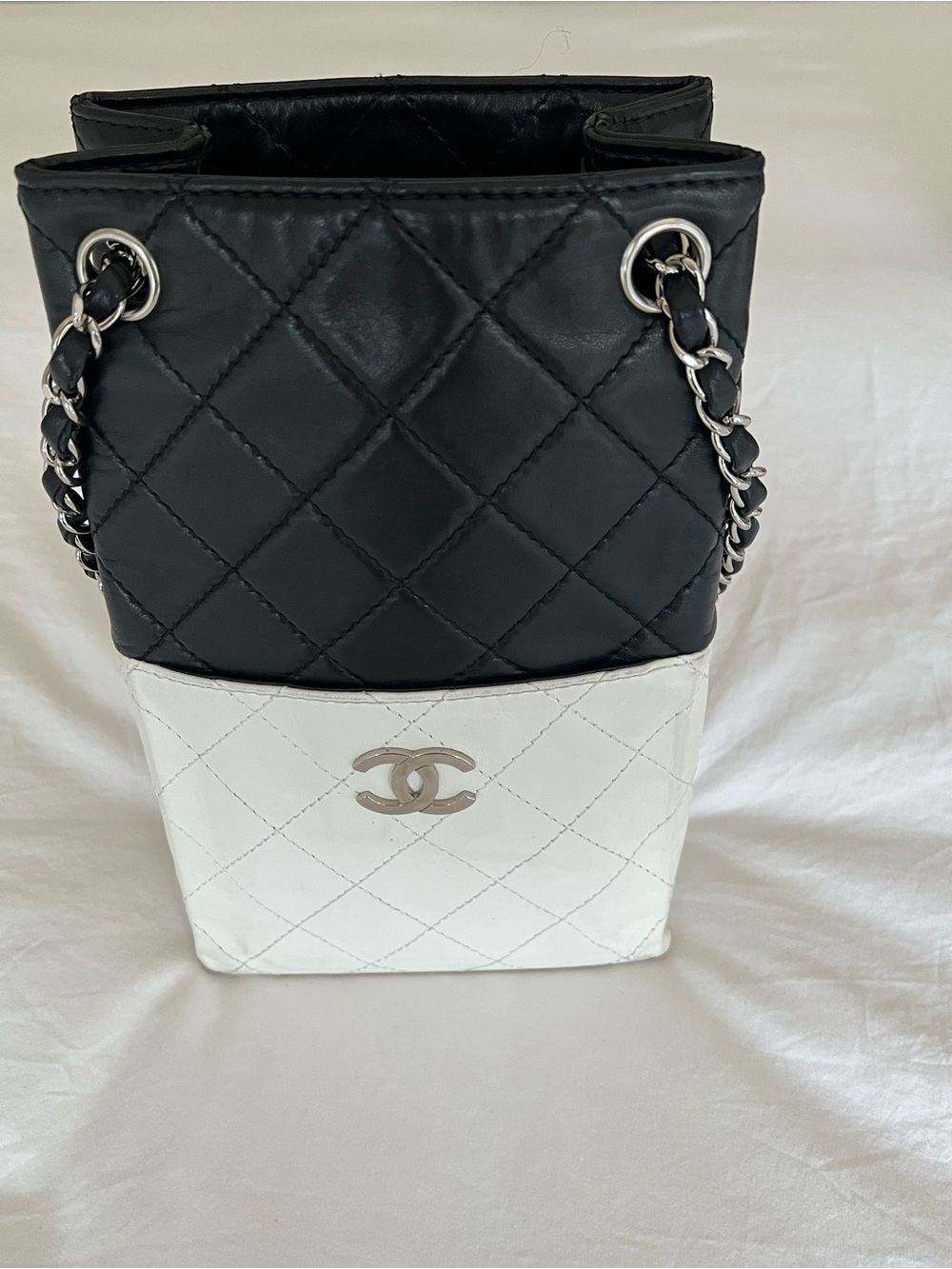 CHANEL Black & White Quilted Leather Shoulder Bucket Bag